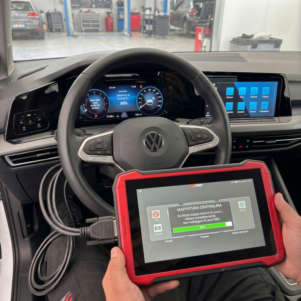Cockpit con tablet Dimsport The Genius durante una rimappatura